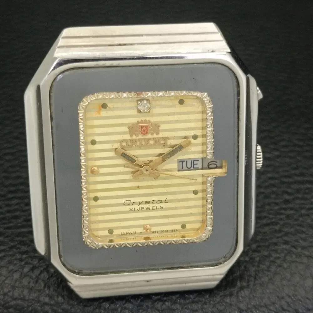 Vintage 1979 Square Orient Automatic Mens Silver Watch W/daydate & Gold accents